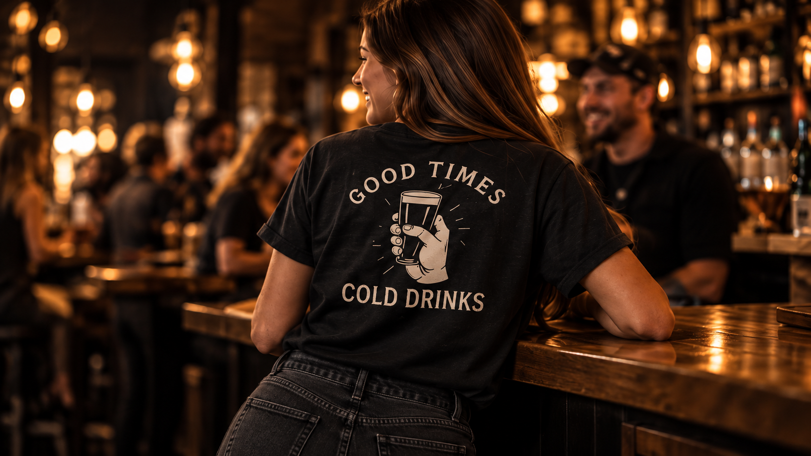Good Times Cold Drinks shirt worn at a bar