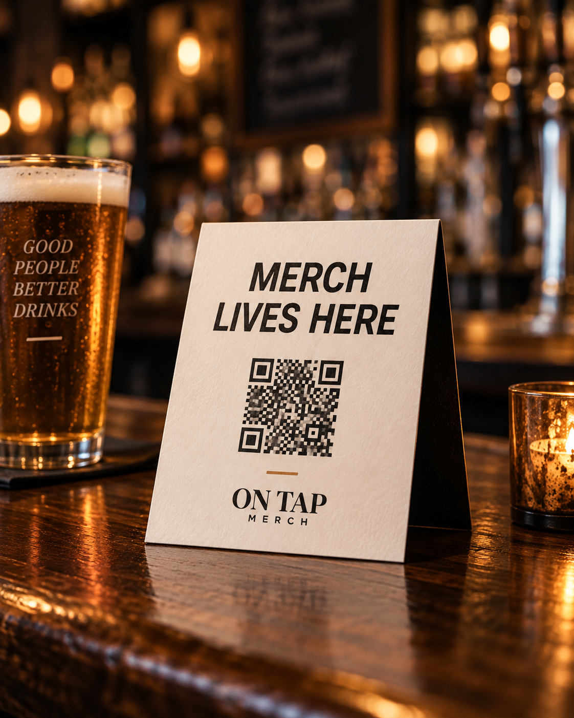 Merch Lives Here QR code table tent