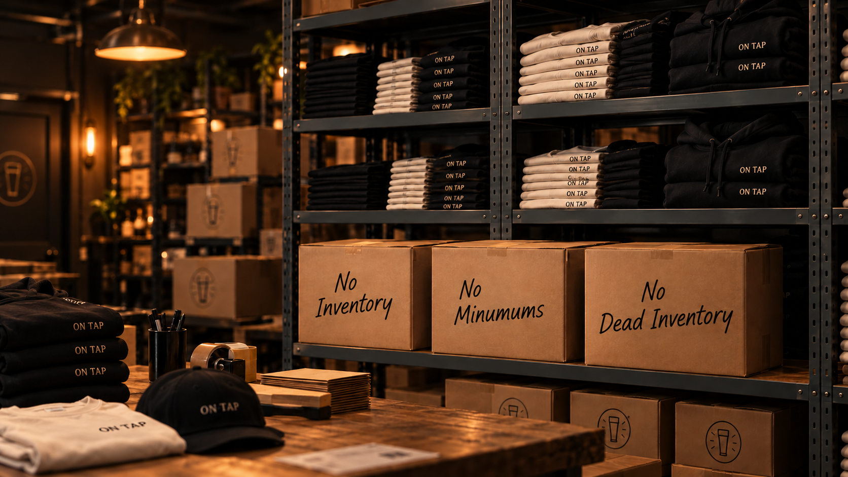 On Tap merchandise on shelves with boxes labeled No Inventory, No Minimums, and No Dead Inventory