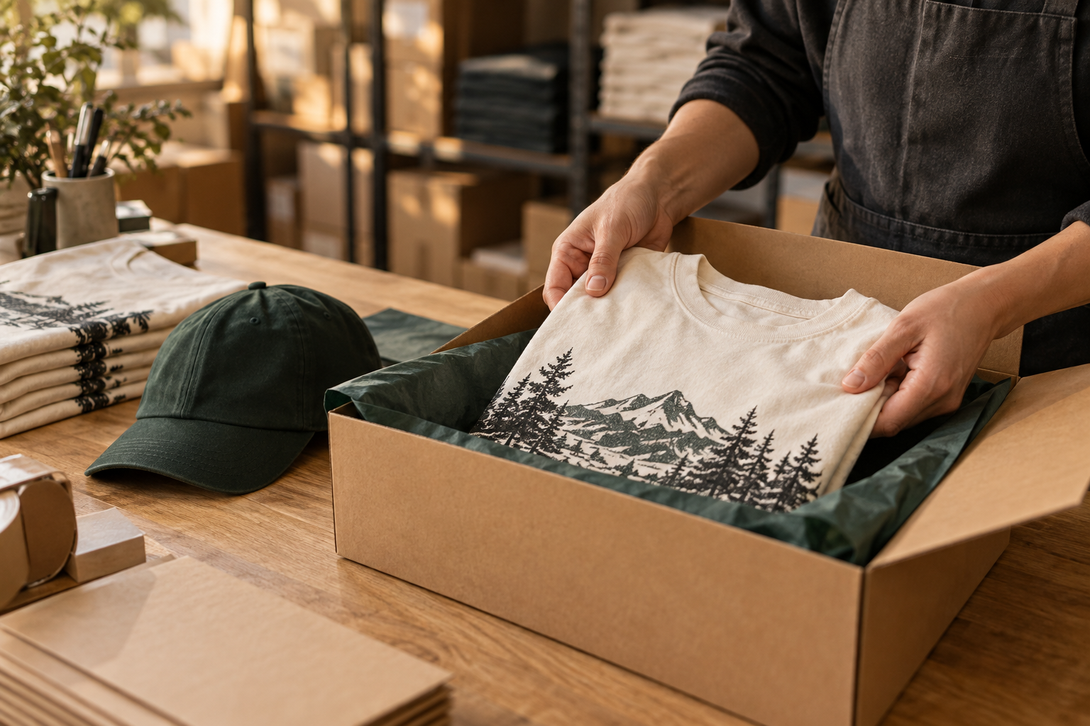 A folded shirt carefully packed into a mailing box