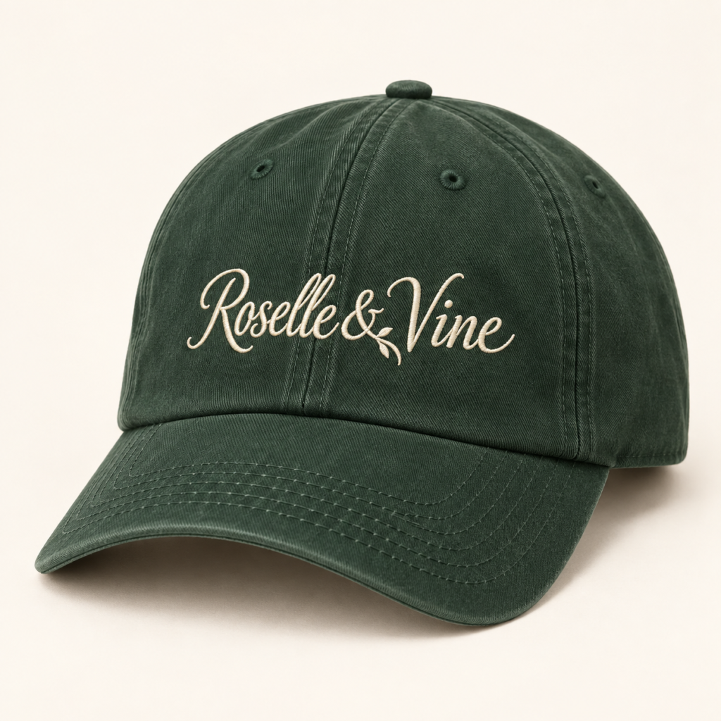 Roselle & Vine forest cap with ivory script embroidery