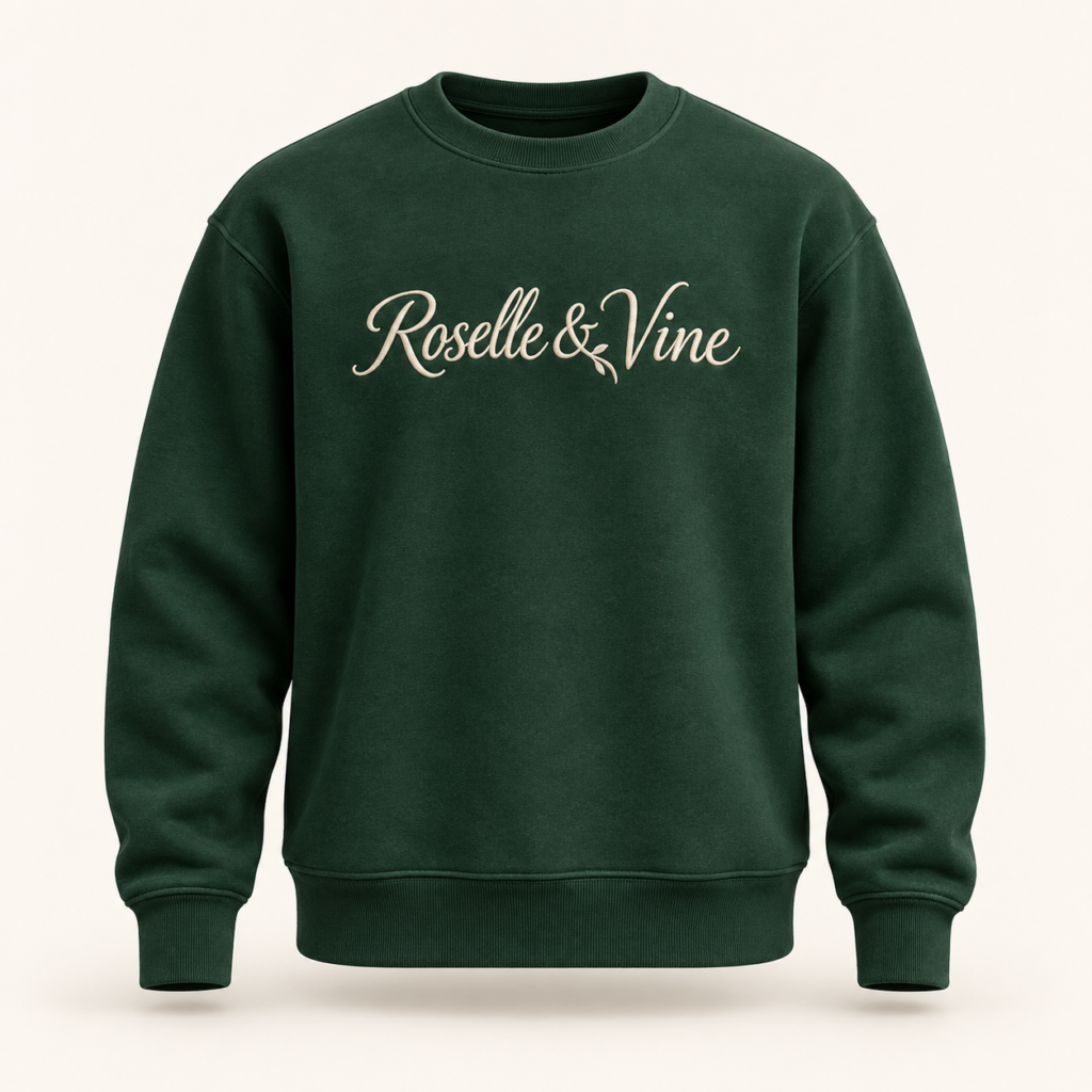 Roselle & Vine forest crewneck with ivory script