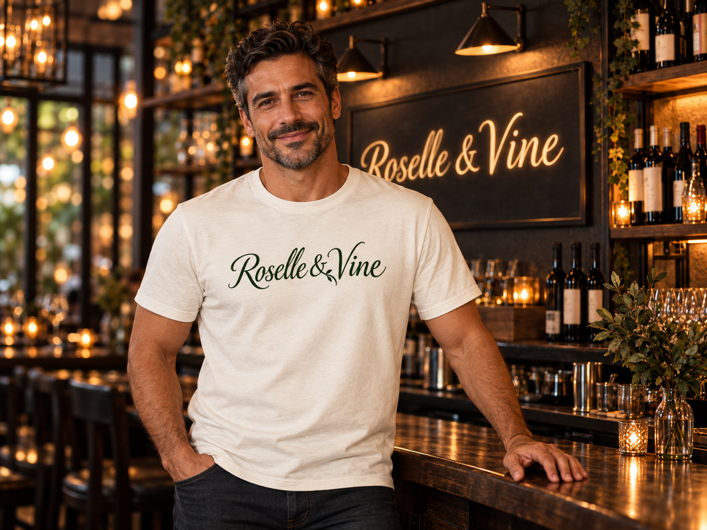 Fictional Roselle & Vine owner wearing an ivory branded shirt in the restaurant